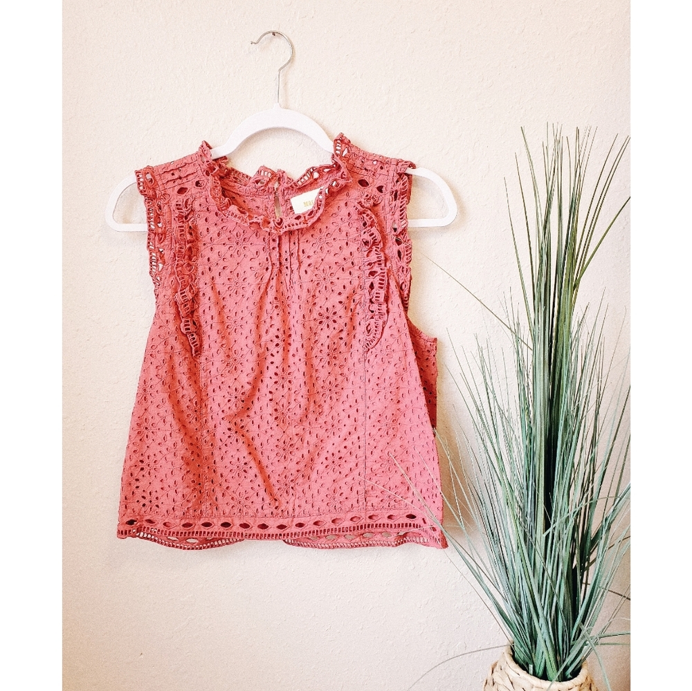 ANTHRO MAEVE Pink Eyelet Ruffle Sleeveless Blouse